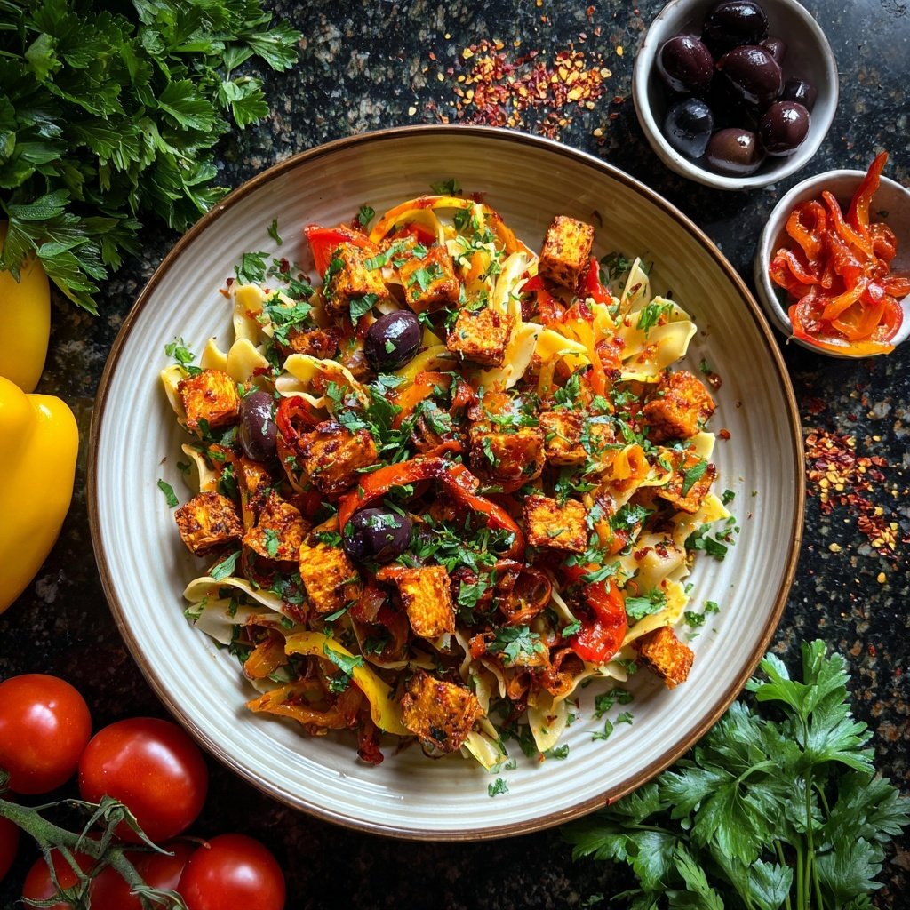 Mediterraner Nudelsalat Mit Paprika Würfeln